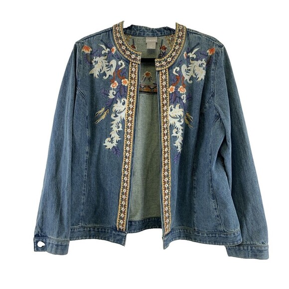 Chicos Embroidered Denim Jacket Collarless Open Front Jean Womens Large 12/14 - Picture 1 of 12